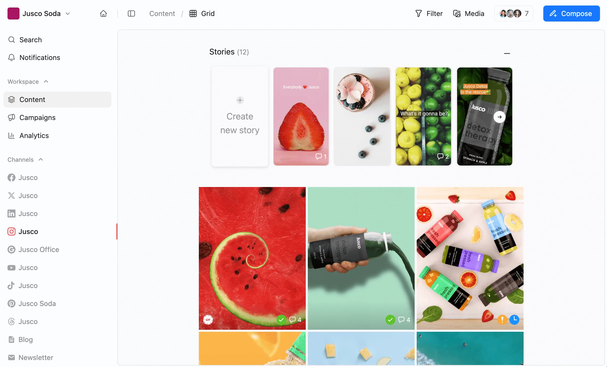 Instagram grid view interface in Planable for Jusco Soda, showing scheduled posts, stories, and content management options.