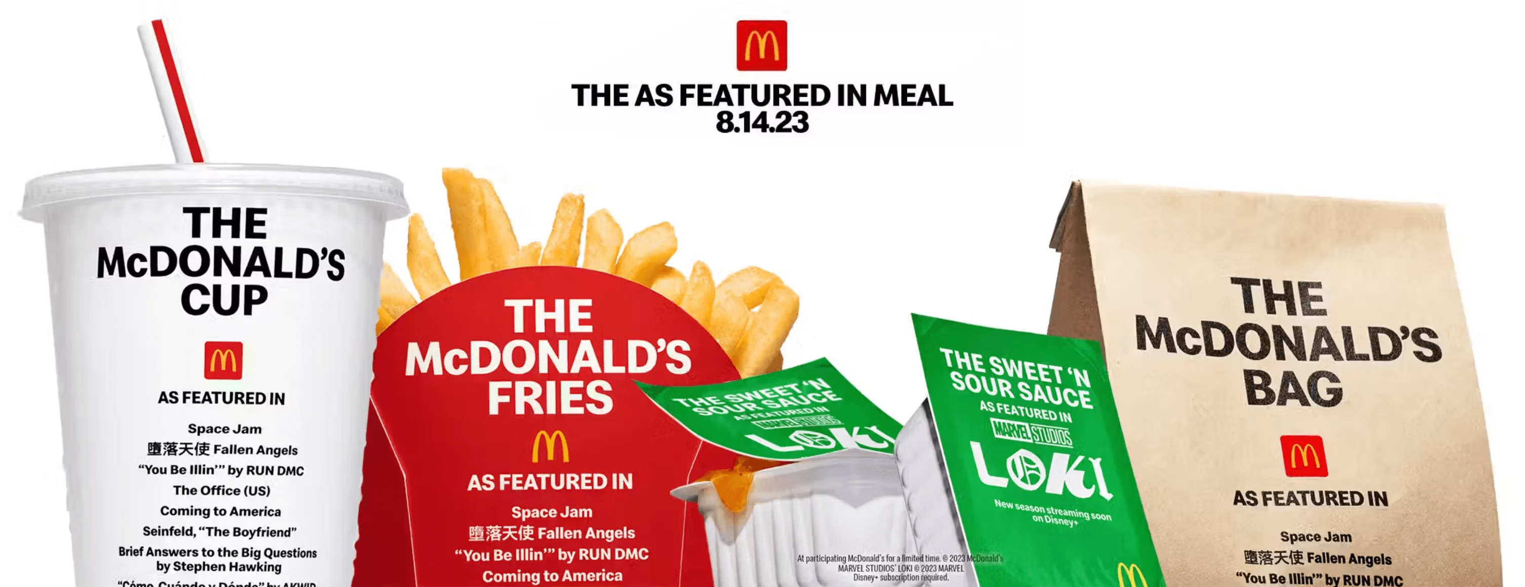 McDonald's "As Featured In" campaign visual showcasing iconic menu items and their appearances in films and TV, engaging users in trivia.