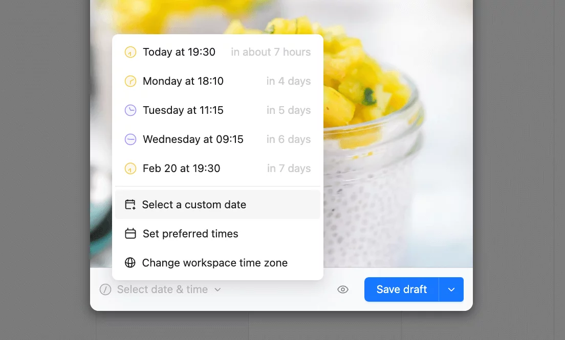 Select time and date settings in Planable for scheduling a sm post 