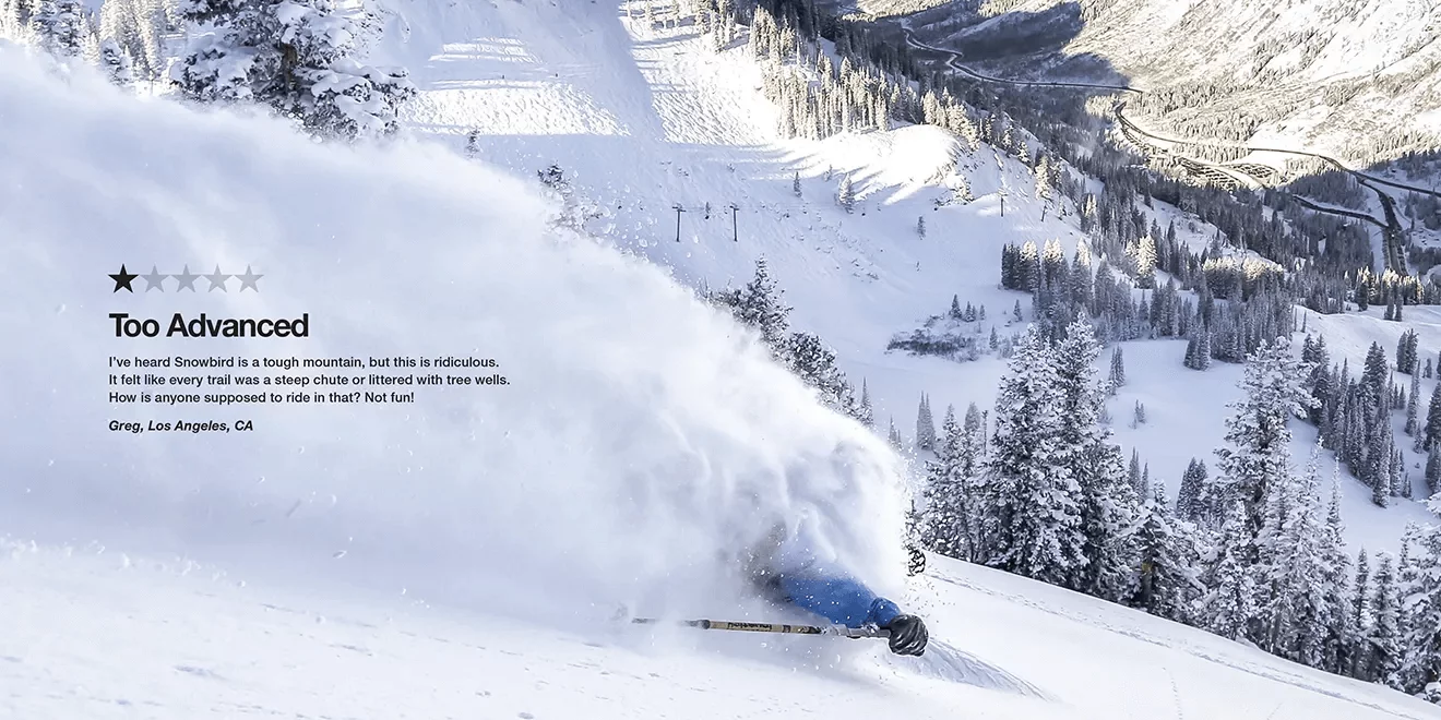 Skier in blue gear buried in deep powder at Snowbird, Utah, with a one-star review criticizing the mountain's difficulty.