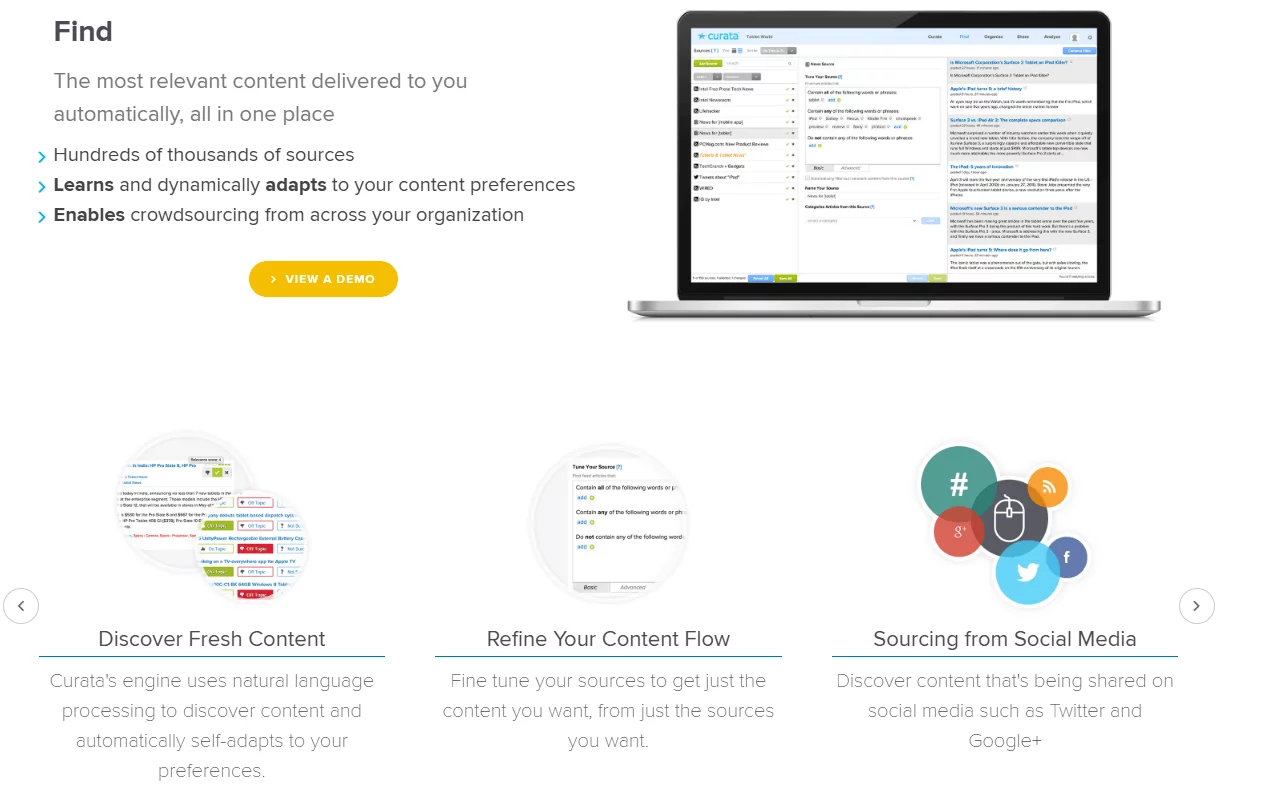 Curata's landing page showing a laptop screen with AI-powered filtering and social media sourcing options.