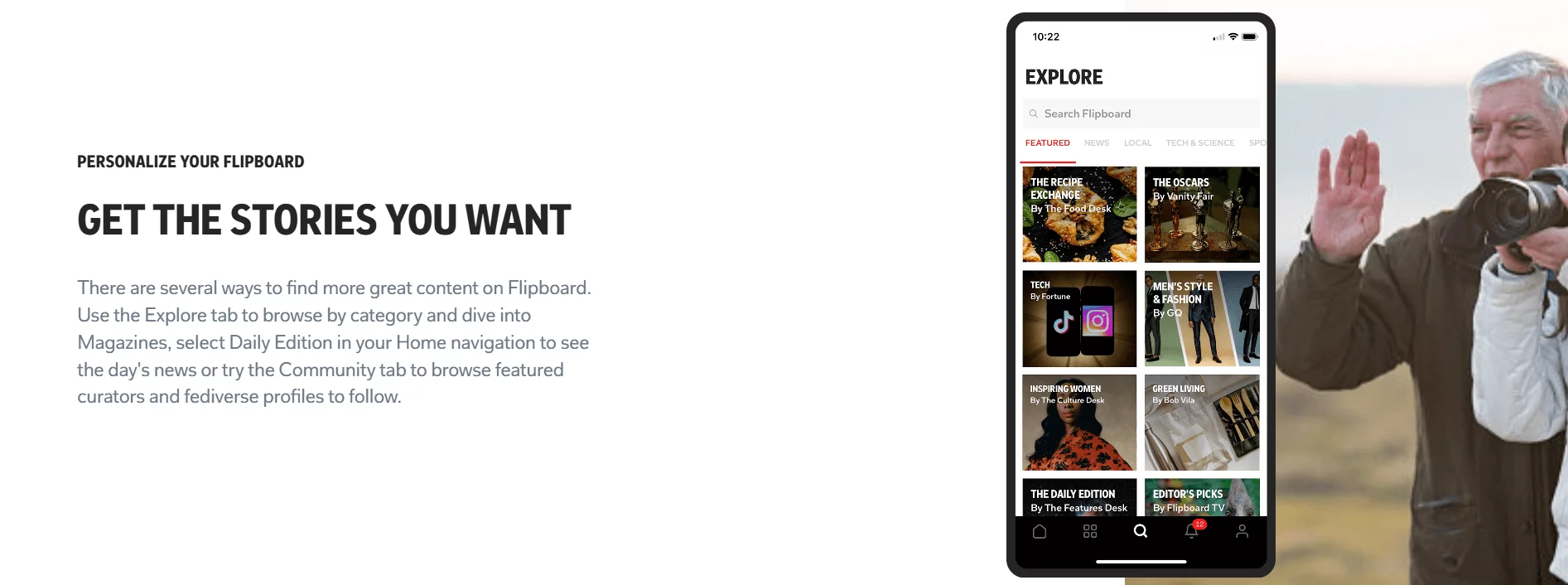 Flipboard app on a mobile screen with an "Explore" tab featuring curated news categories and trending topics. 