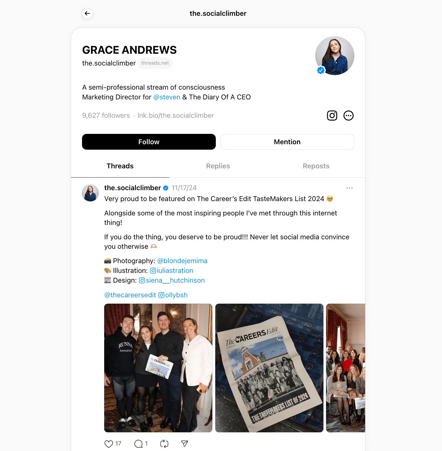 Example of an optimized profile on the Threads platform, highlighting elements such as a clear profile picture, a concise and informative bio, and strategic use of keywords to enhance discoverability