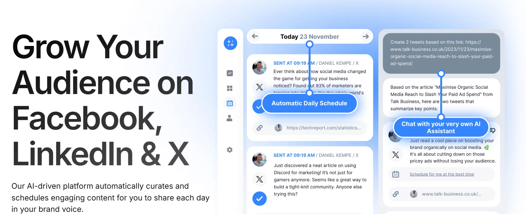 Quuu's landing page with automatic daily scheduling and AI assistant chat interface. 