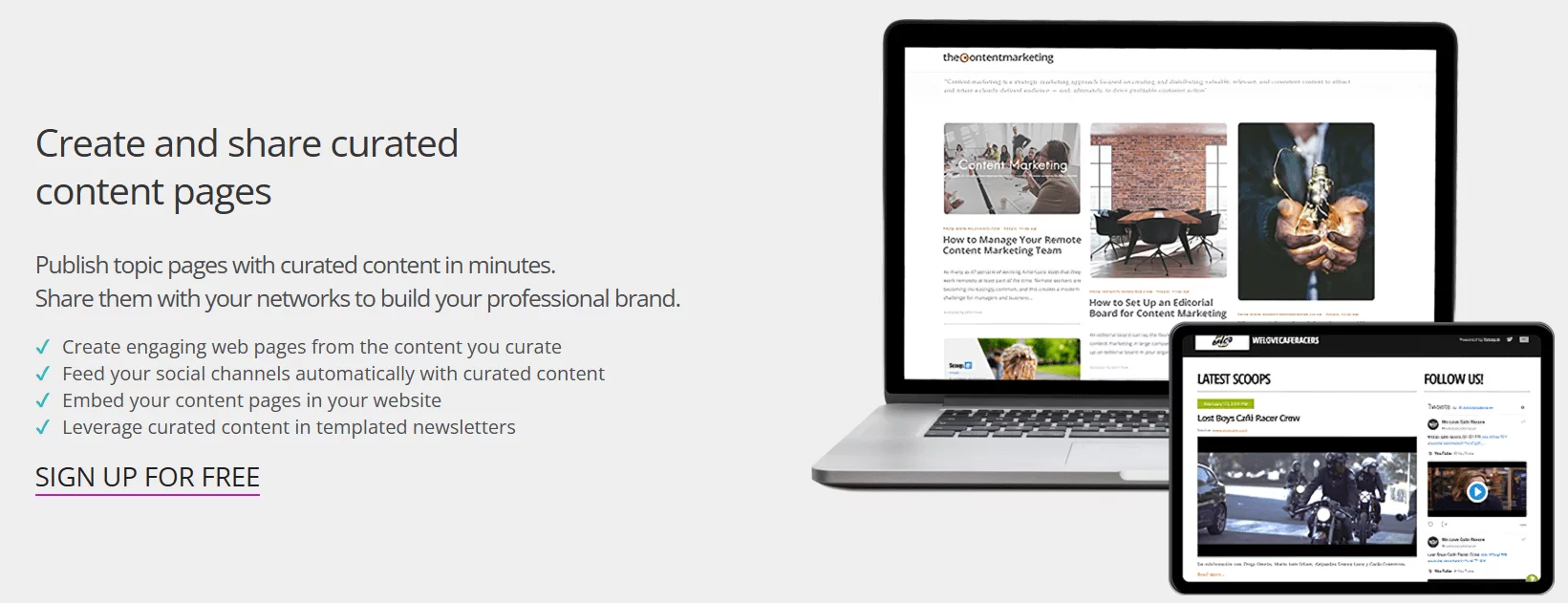 Scoop.it landing page with a laptop and tablet displaying curated web pages for marketing and social media sharing. 