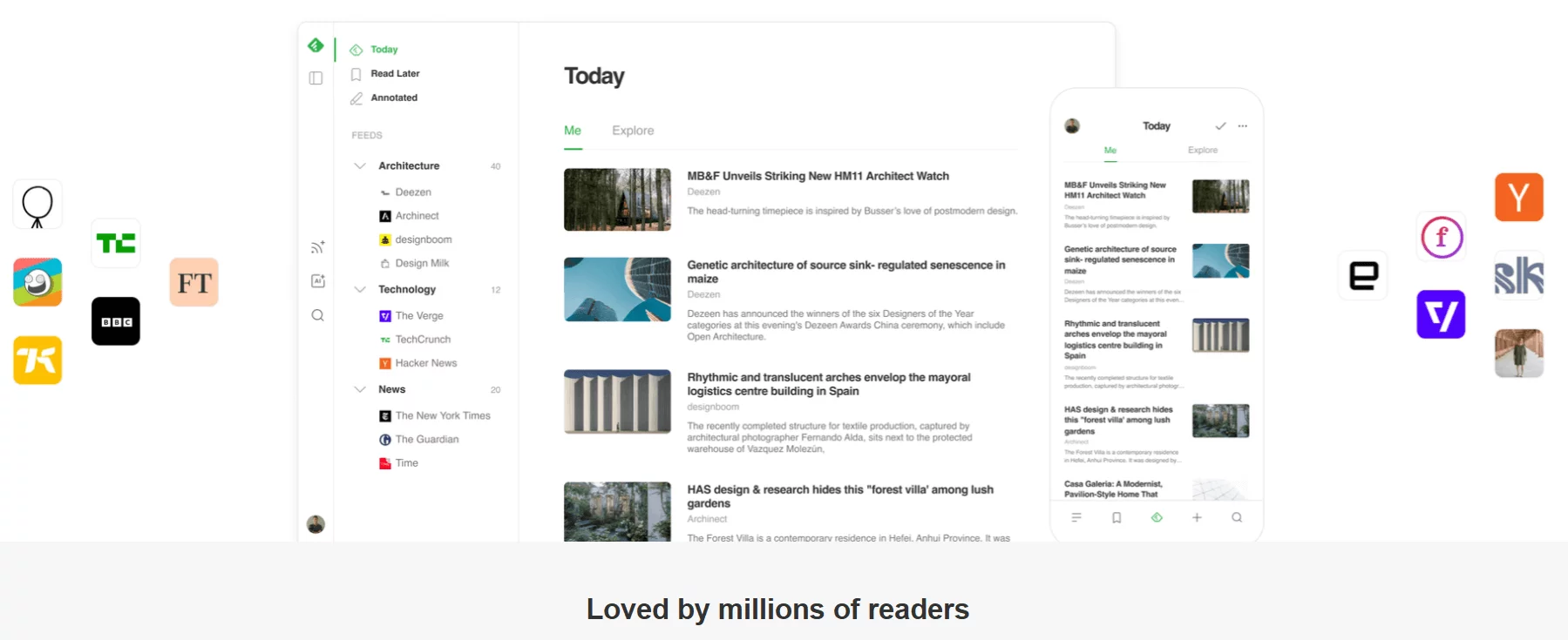 Feedly interface displaying news feeds on architecture, technology, and news, with logos of supported sources.