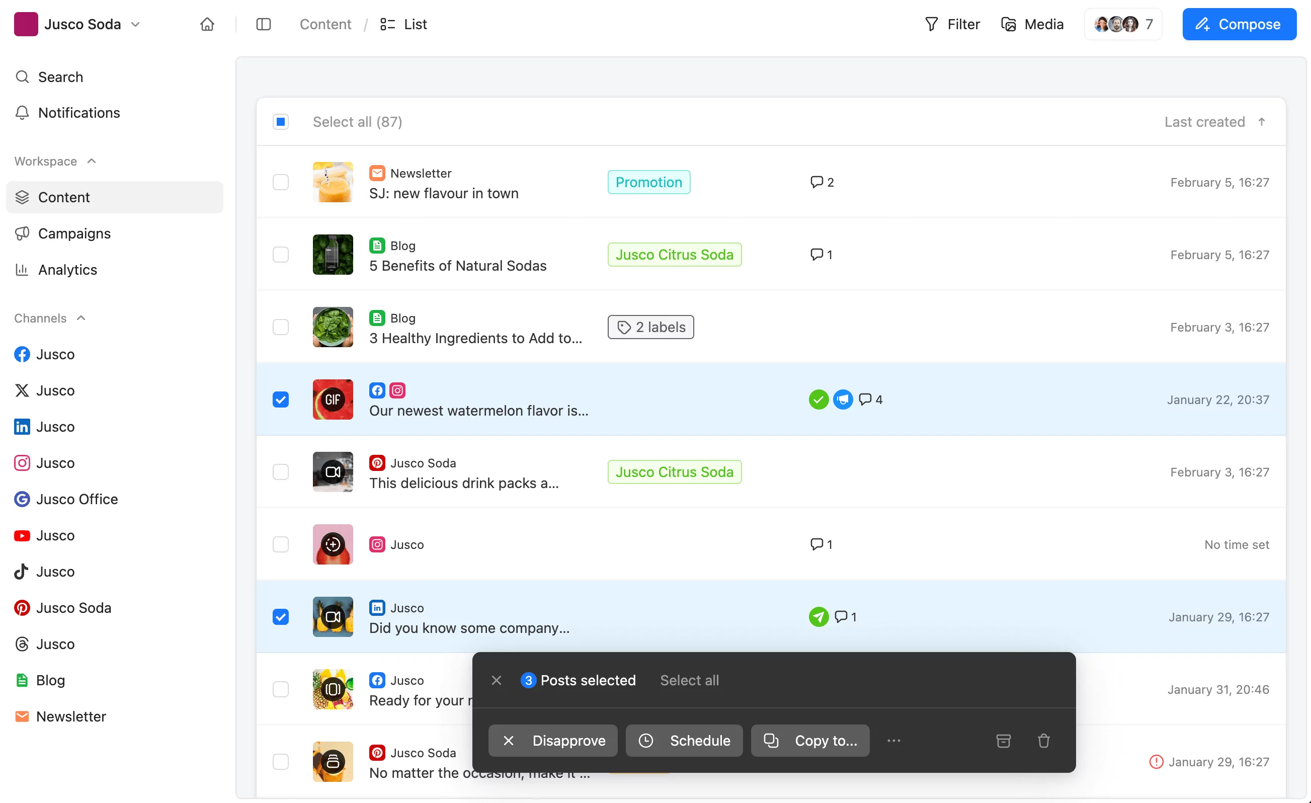 Planable's list view displaying social media posts with status, labels, and bulk action options.