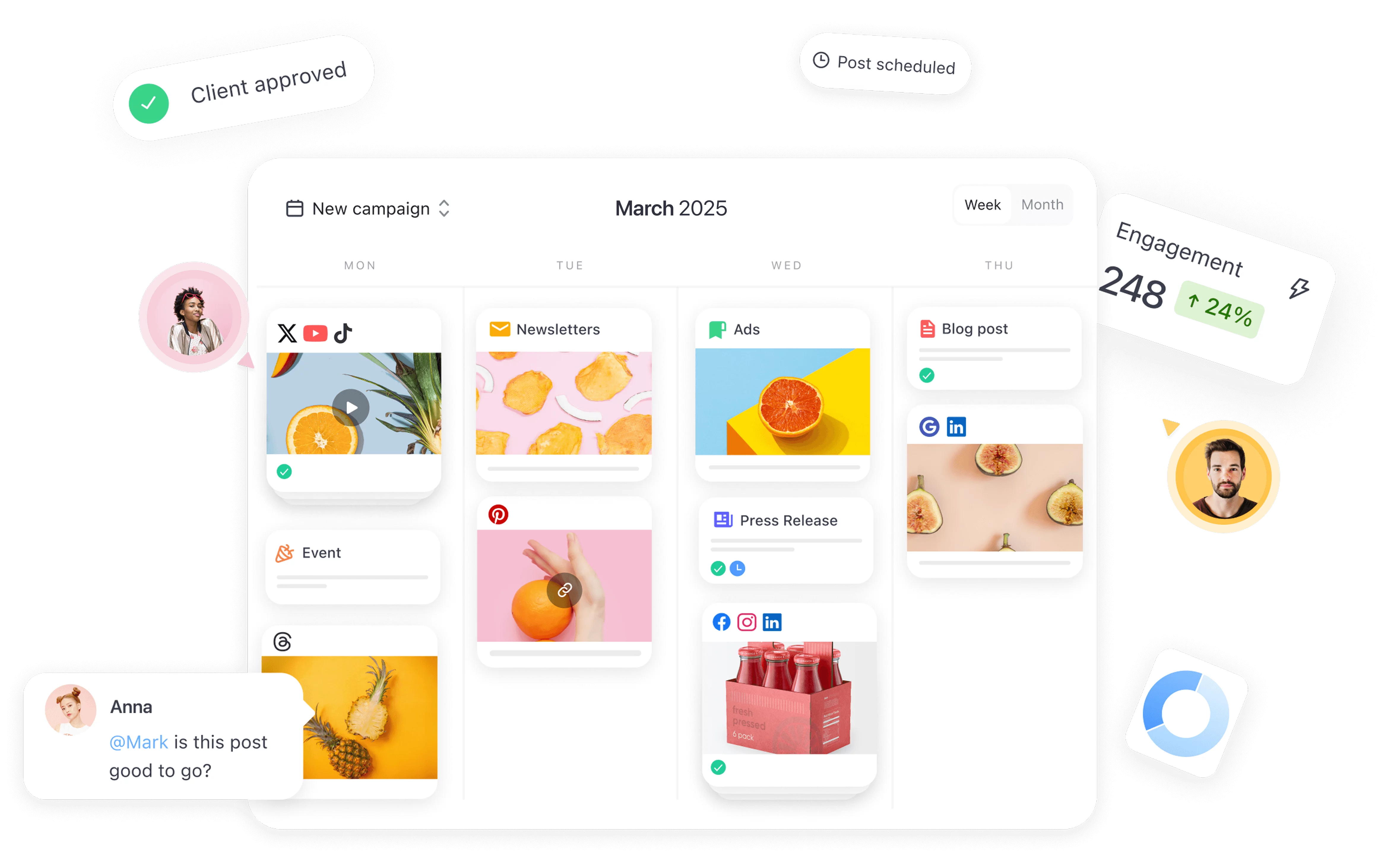 Alt text: Planable content calendar showing scheduled posts, approvals, client feedback, and engagement performance analytics.