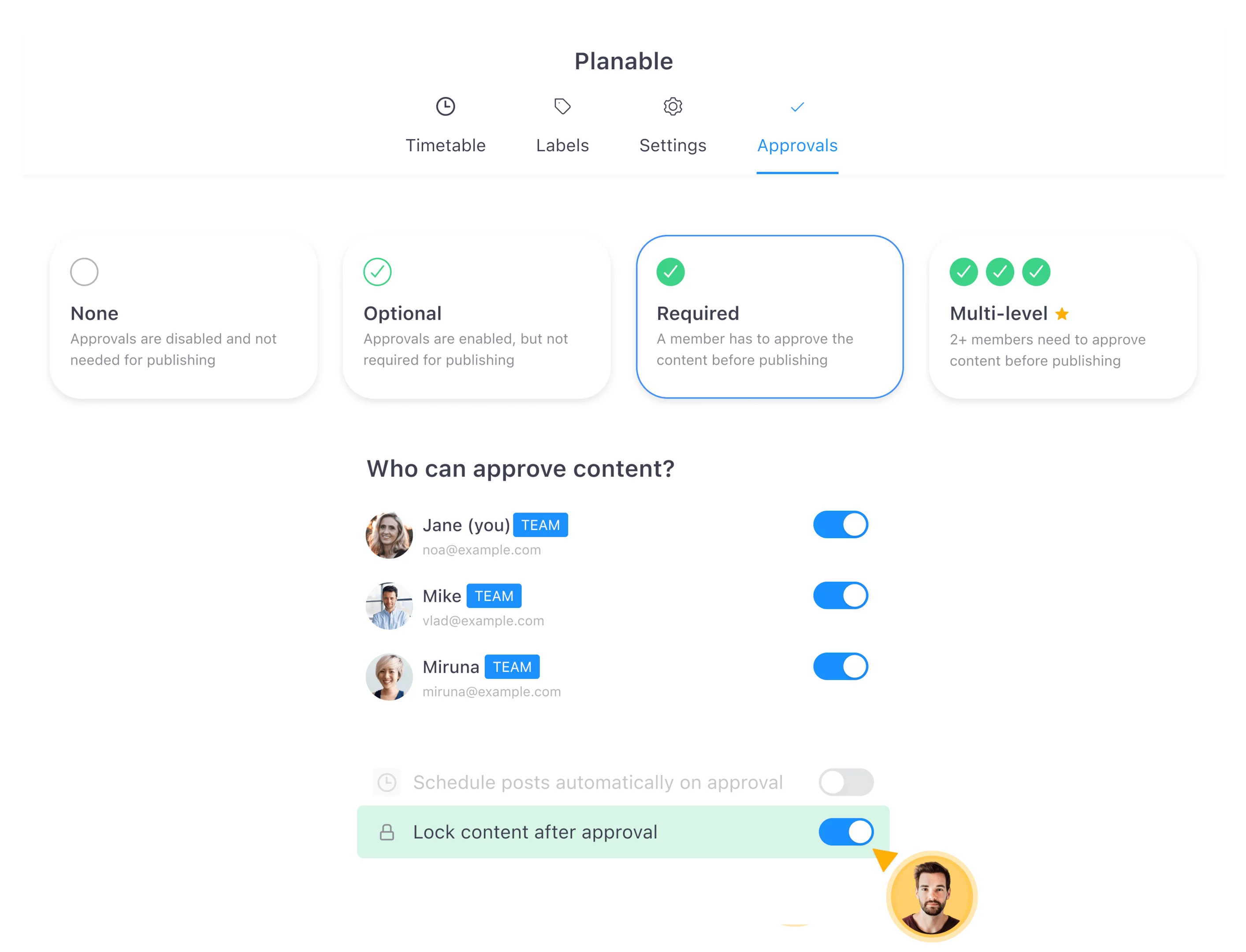 Planable content approval workflow showing approval settings and team members with toggle switches.