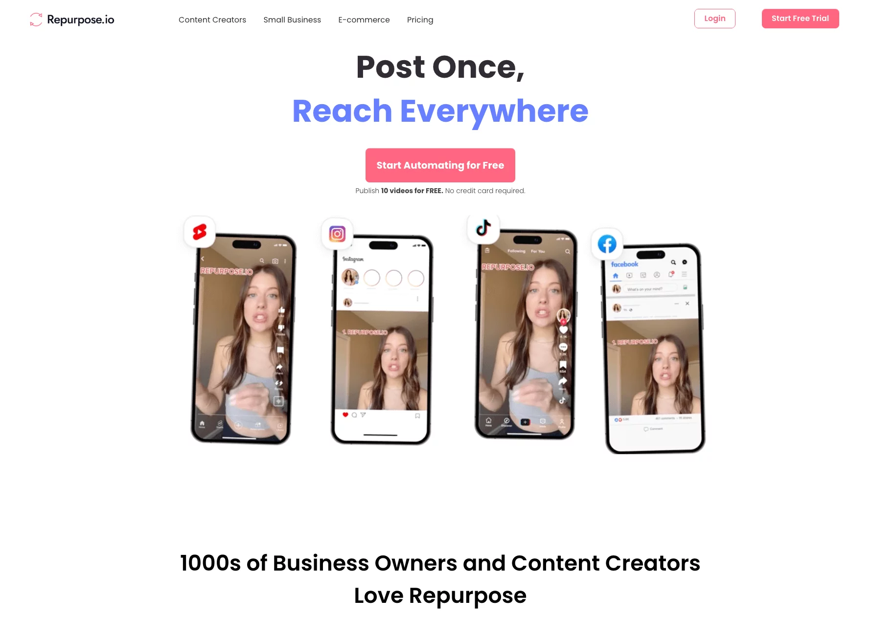 Repurpose.io homepage showing video repurposing across YouTube Shorts, Instagram, TikTok, and Facebook with a free trial offer.
