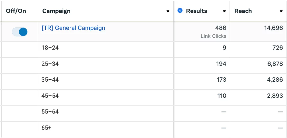 Facebook campaign performance report showing link clicks, reach, and age demographics for a general campaign.