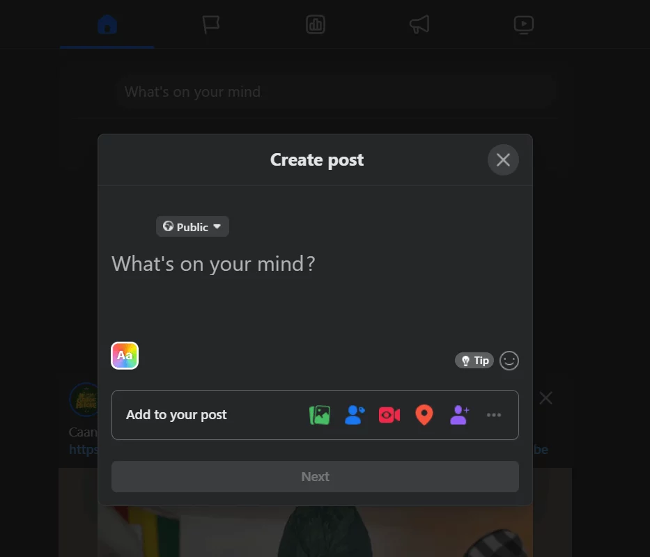 Facebook create post window with audience set to public, allowing wider sharing options