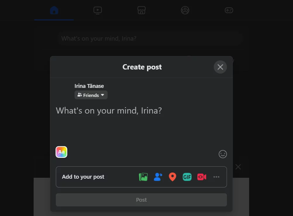 Facebook post composer in private group with audience set to friends, limiting post visibility