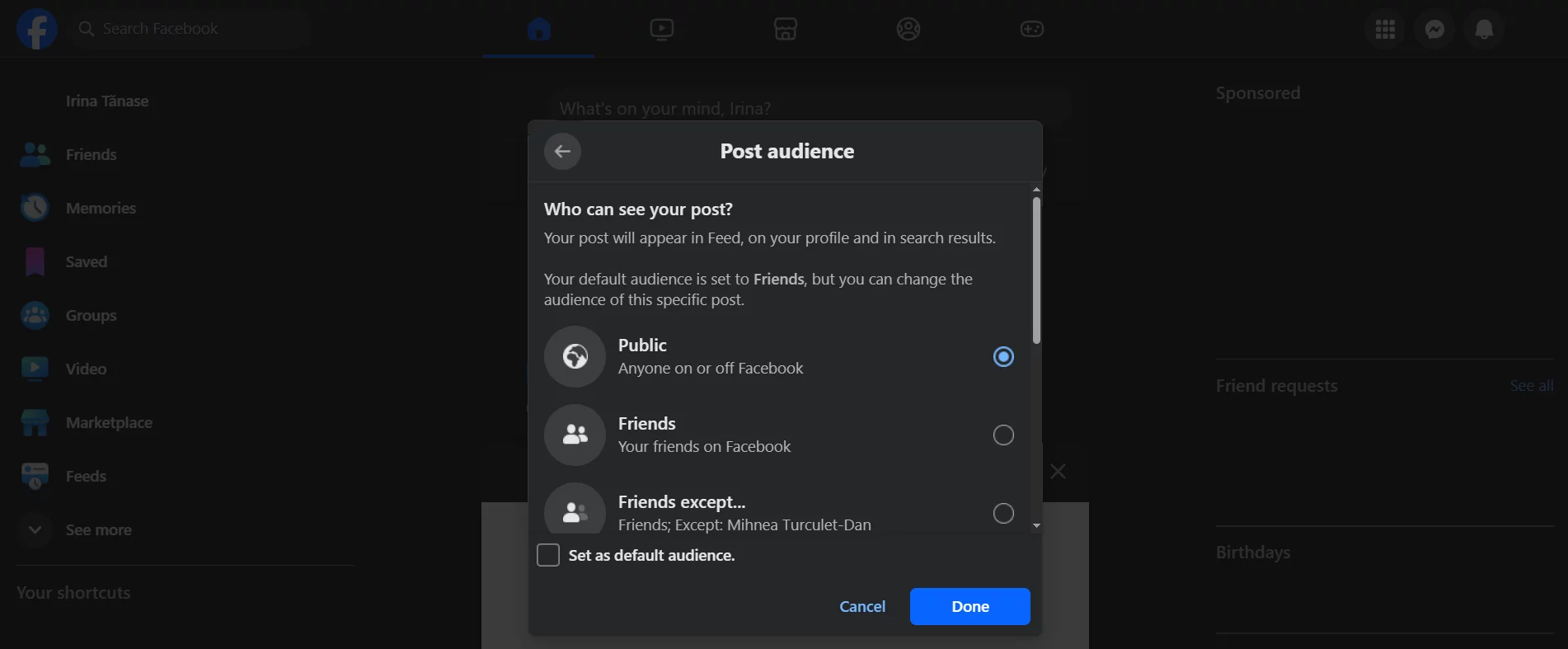 Facebook group settings showing group privacy set to private and visibility marked as visible