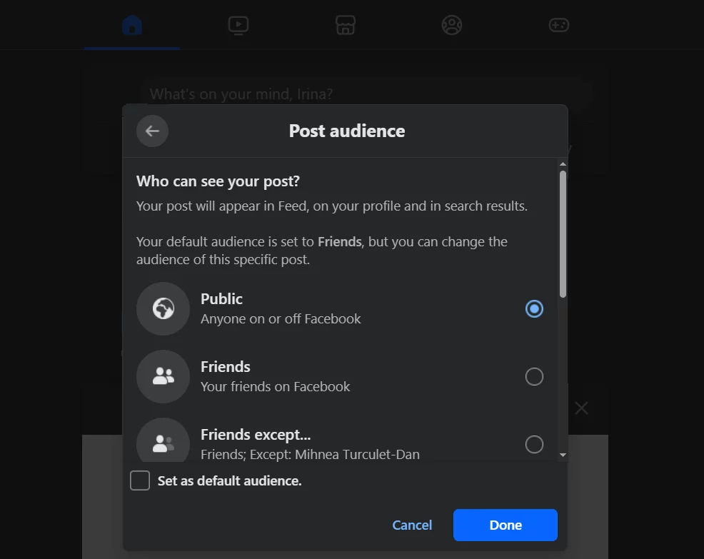 Facebook post audience settings window with options for public, friends, and specific exclusions