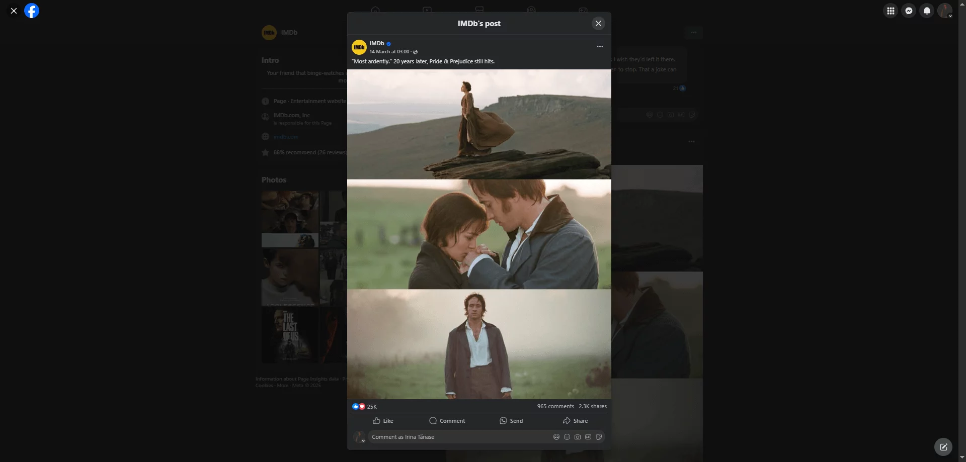 IMDb Facebook post featuring Pride & Prejudice scenes with share, comment, and like buttons visible
