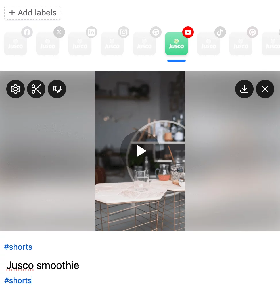 Planable interface displaying a YouTube Short video draft with hashtag and caption input fields.