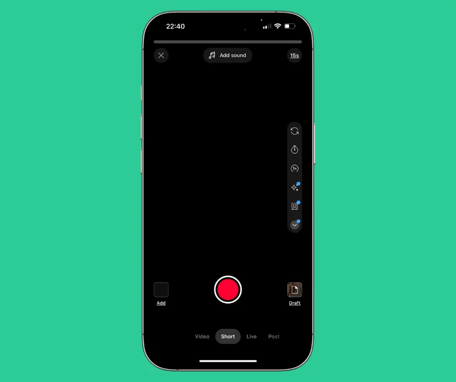 Mobile recording screen for creating a YouTube Short, with a red record button on black background.