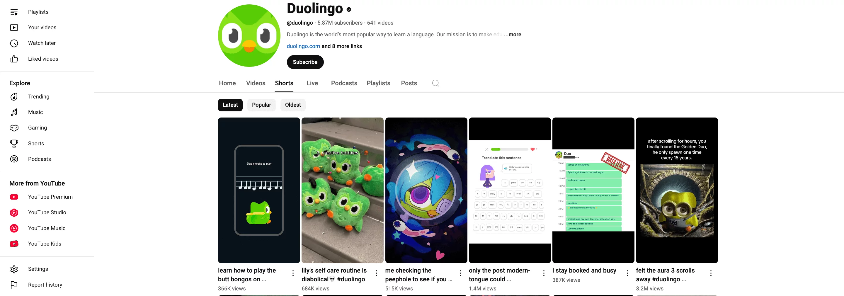 Duolingo's YouTube Shorts page showing latest uploads with colorful thumbnails and Duo mascot.