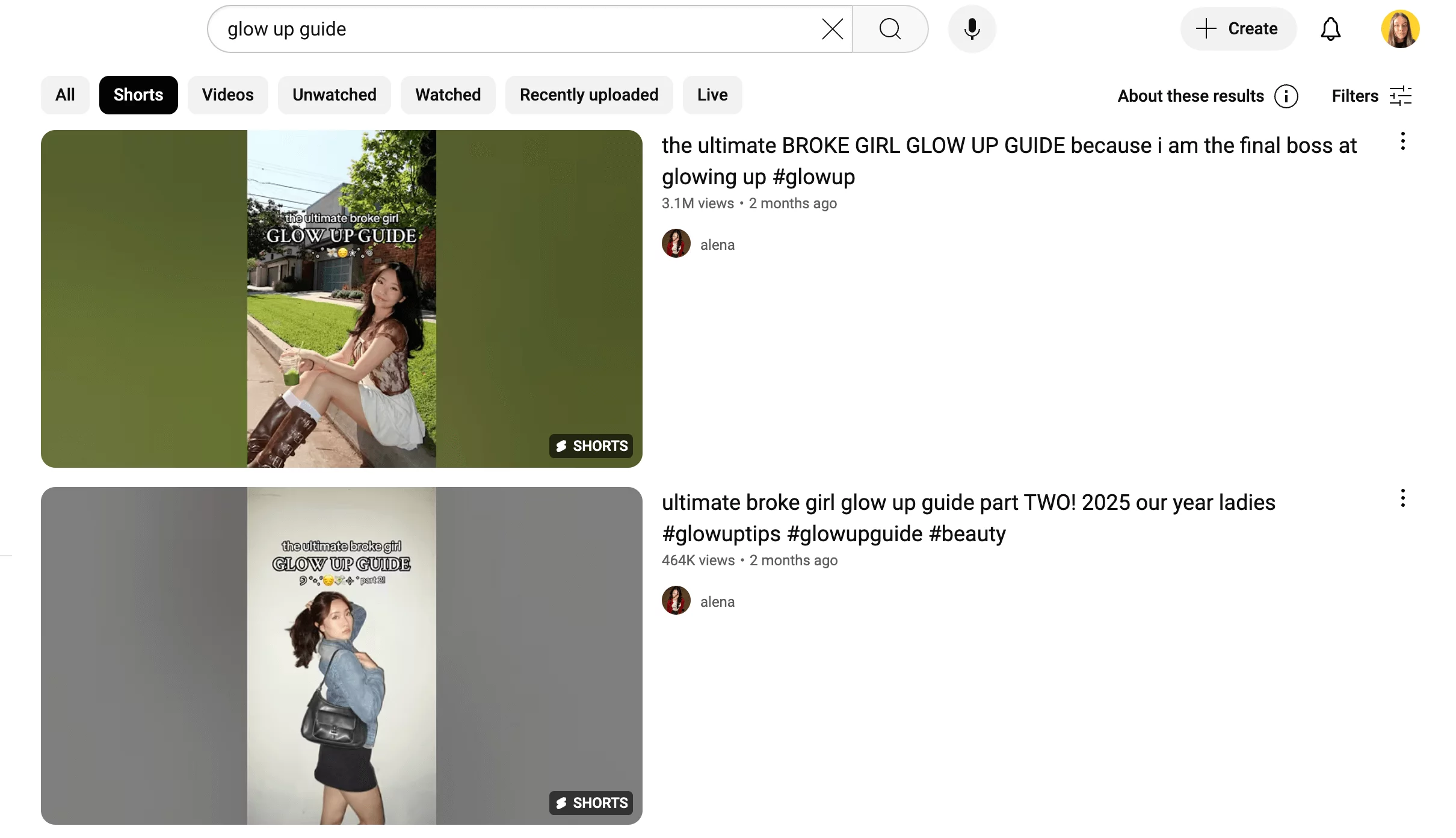 YouTube Shorts search results showing glow-up guide videos featuring young women posing stylishly.