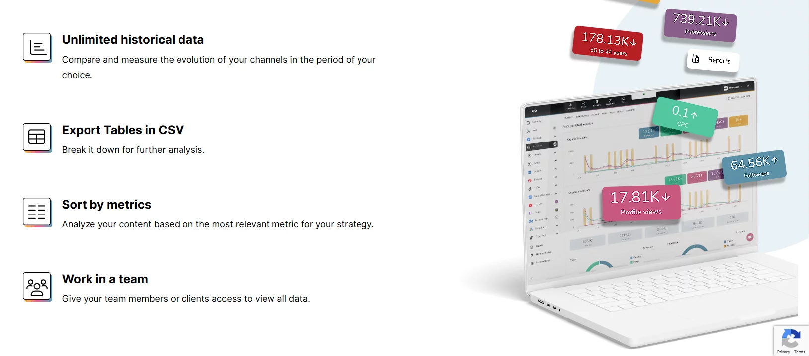 ​Metricool dashboard displaying social media analytics and scheduling tools.​