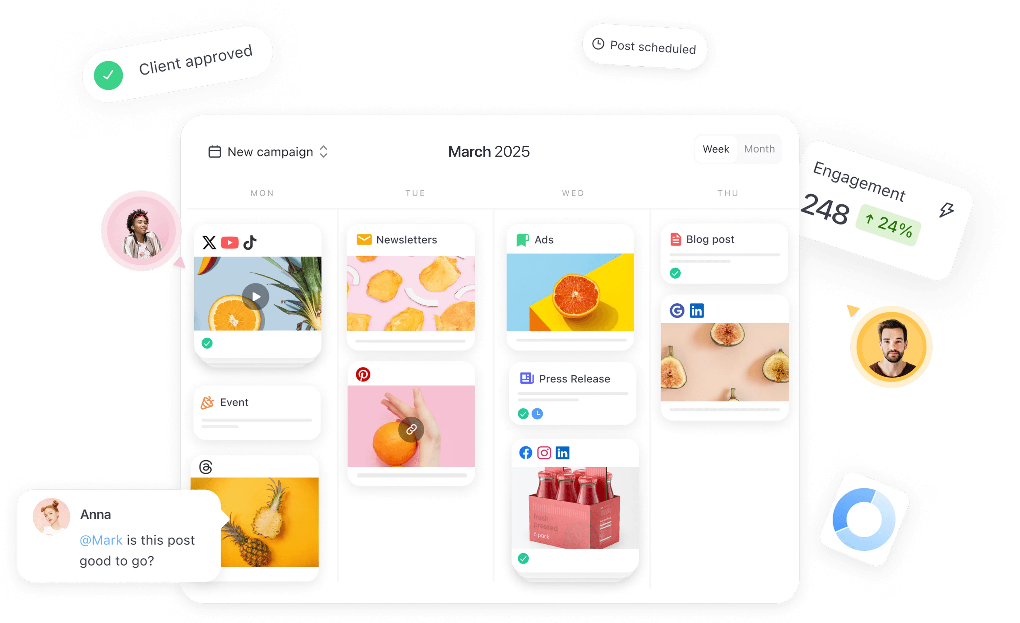 Planable calendar showing scheduled posts, approvals, comments, and engagement stats for a multi-platform campaign.