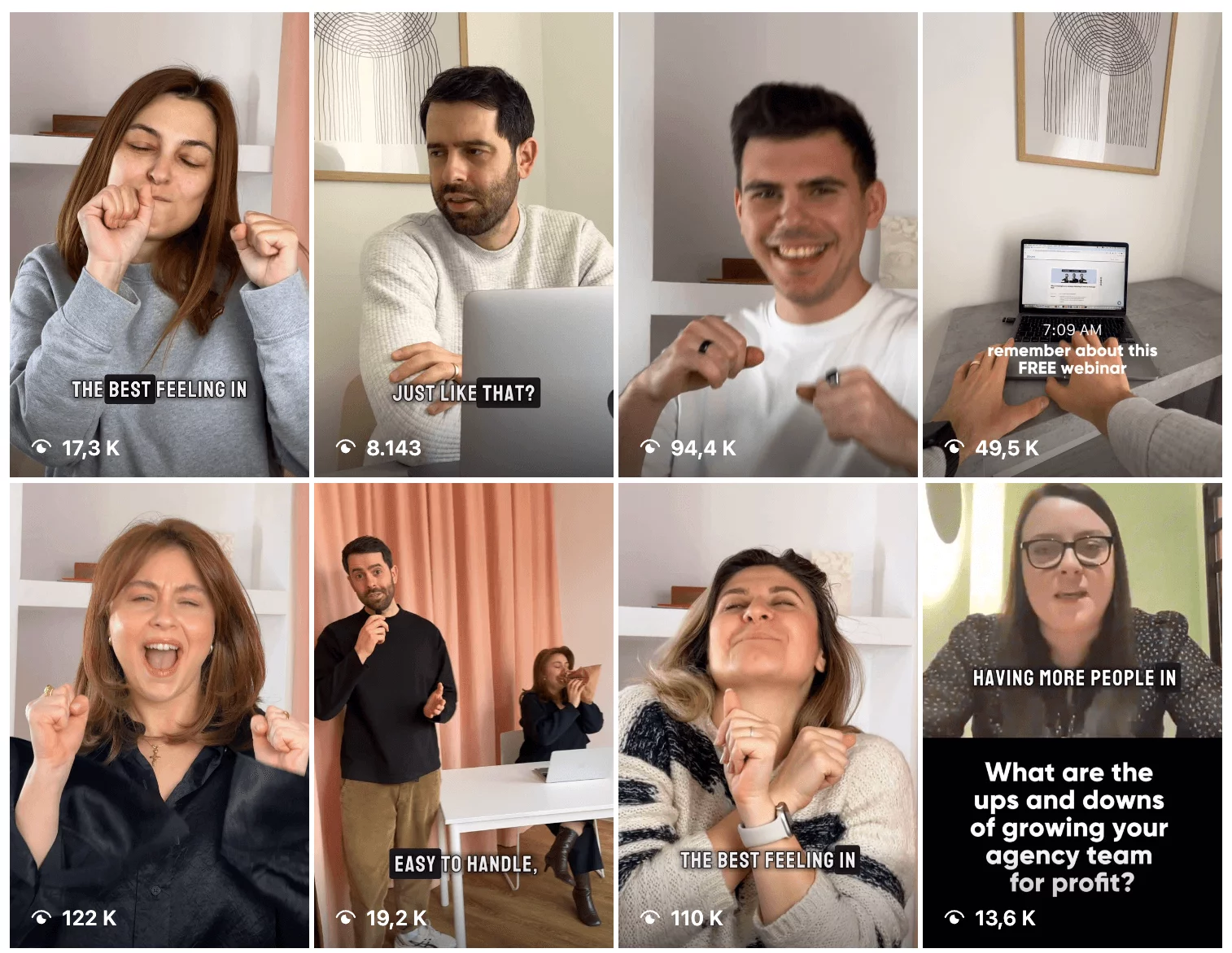 Planable uses Instagram Reels showing emotions, teamwork, and webinars to highlight business growth.