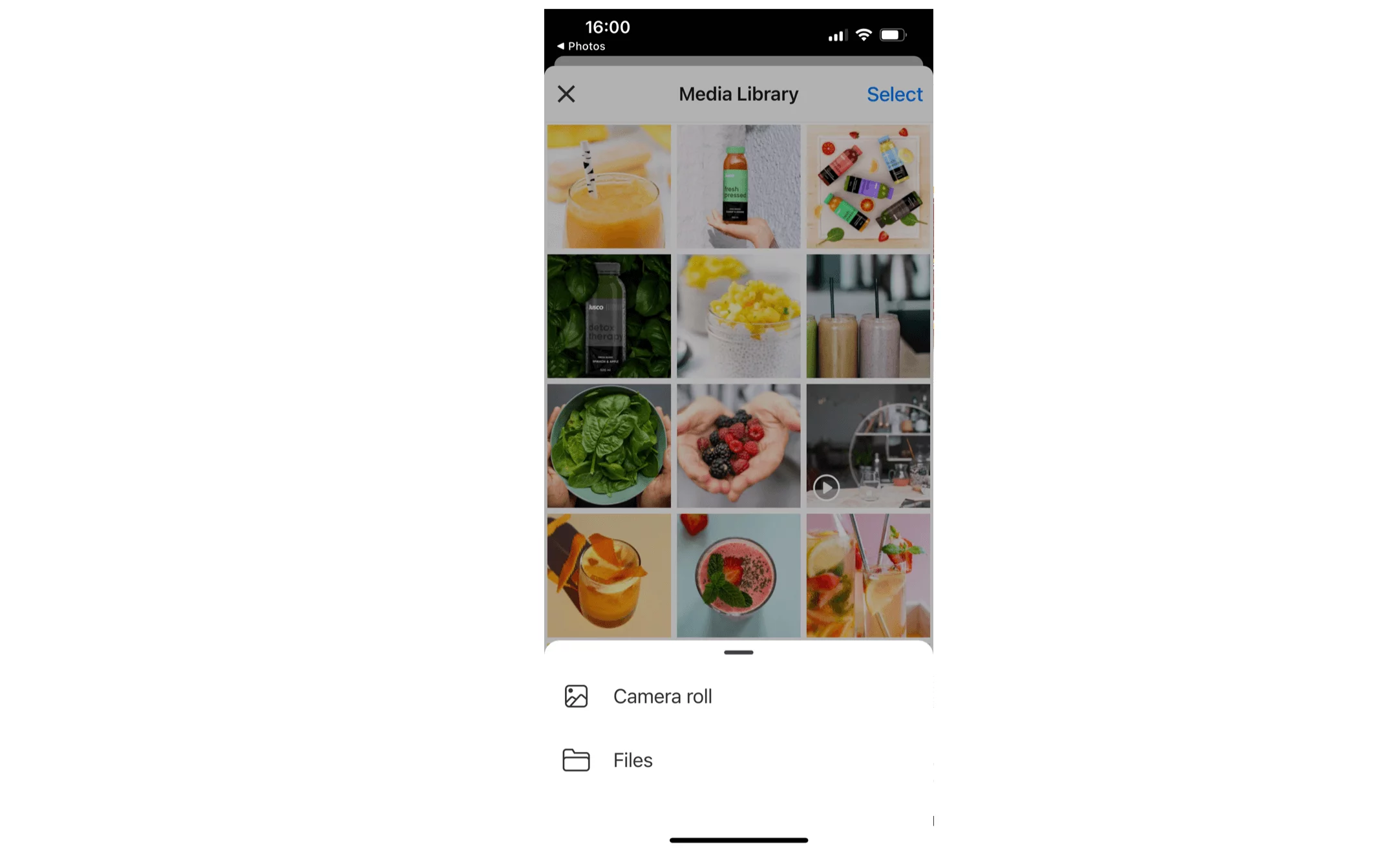 Planable mobile app interface showing quick image upload options for social media posts