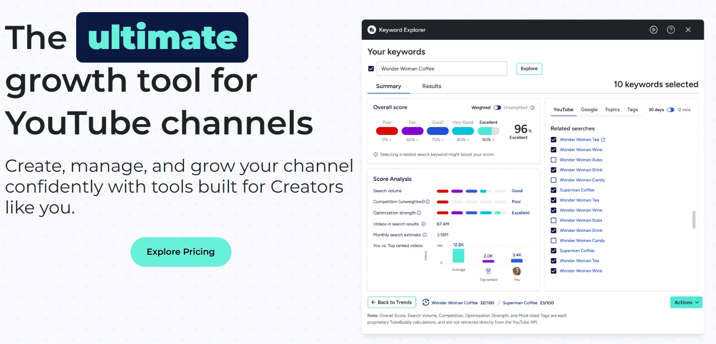 TubeBuddy dashboard displaying YouTube video analytics, including views, engagement, and SEO performance metrics.