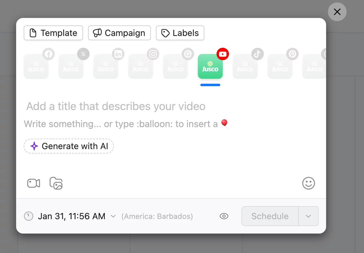 Planable platform draft window for adding a title and scheduling a YouTube Short video post.