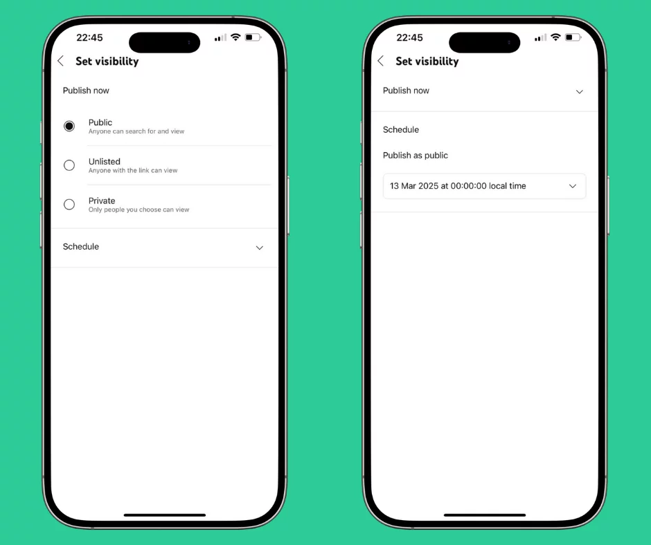 Mobile side-by-side screens setting visibility and scheduled publish time for YouTube Short videos.