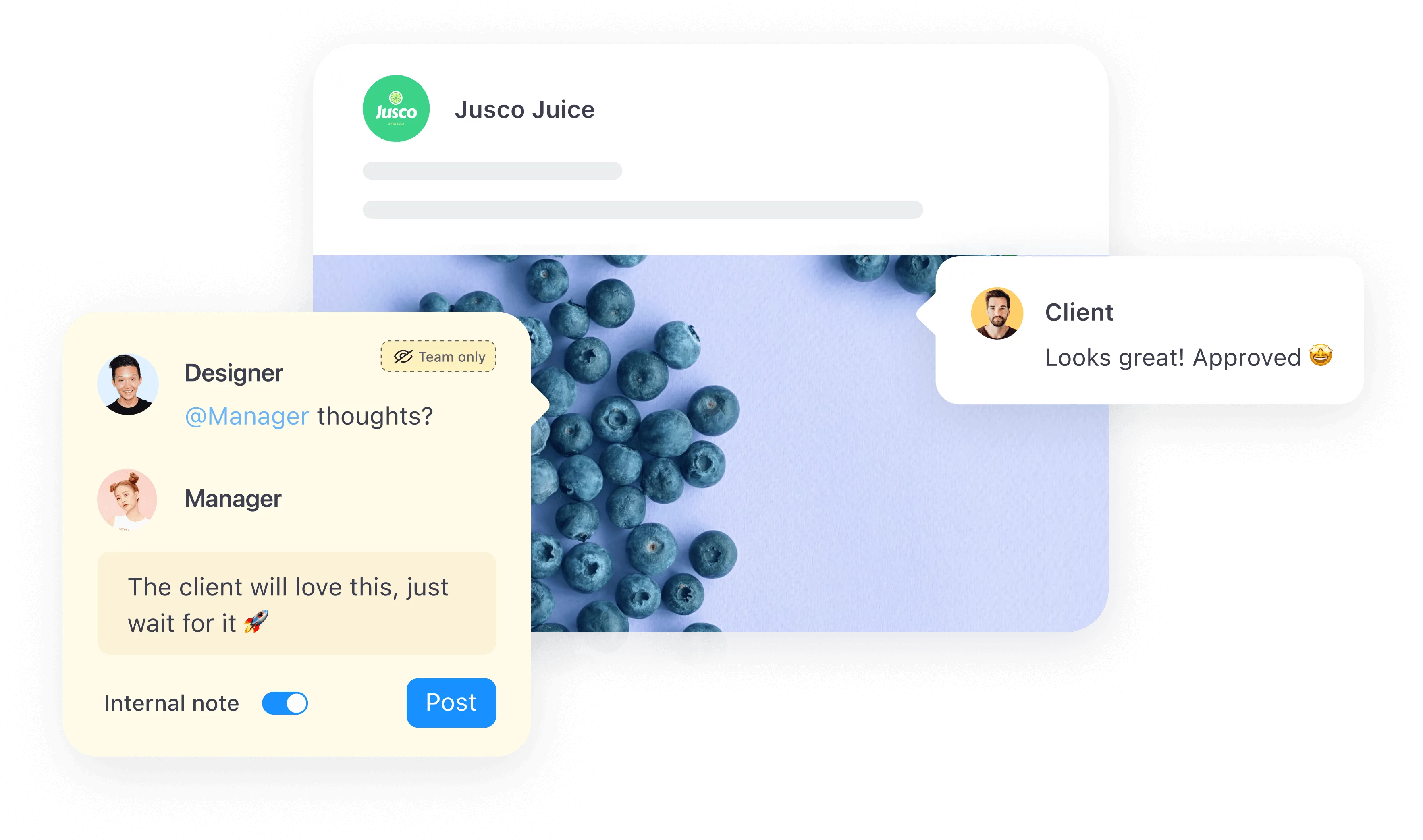 Designer, manager, and client exchange feedback and approvals on a Jusco Juice blueberry post.