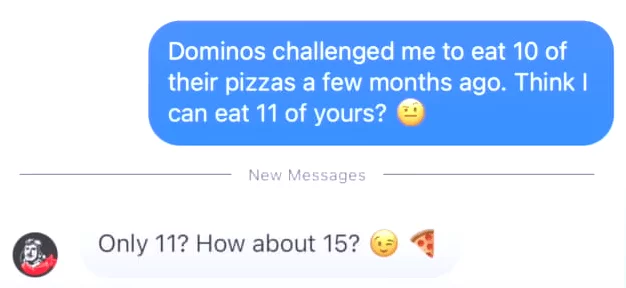 Facebook DM showing Domino's automated reply offering order tracking and customer support options.