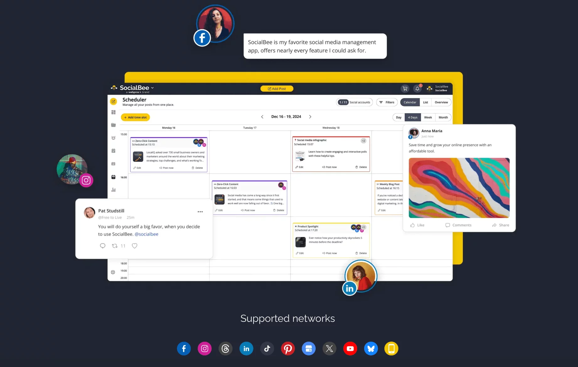 SocialBee social media scheduler showing a weekly content calendar with user reviews and supported platforms.