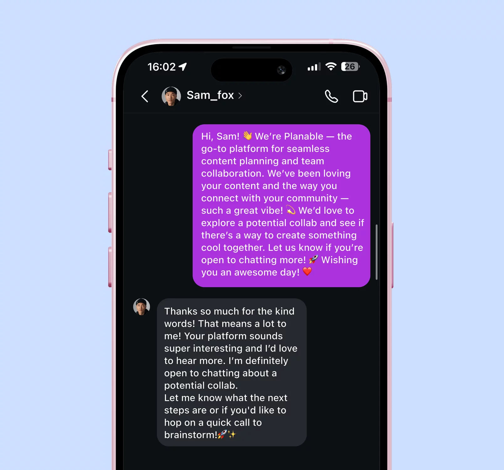 Instagram DM showing Planable requesting a potential collab to a influencer