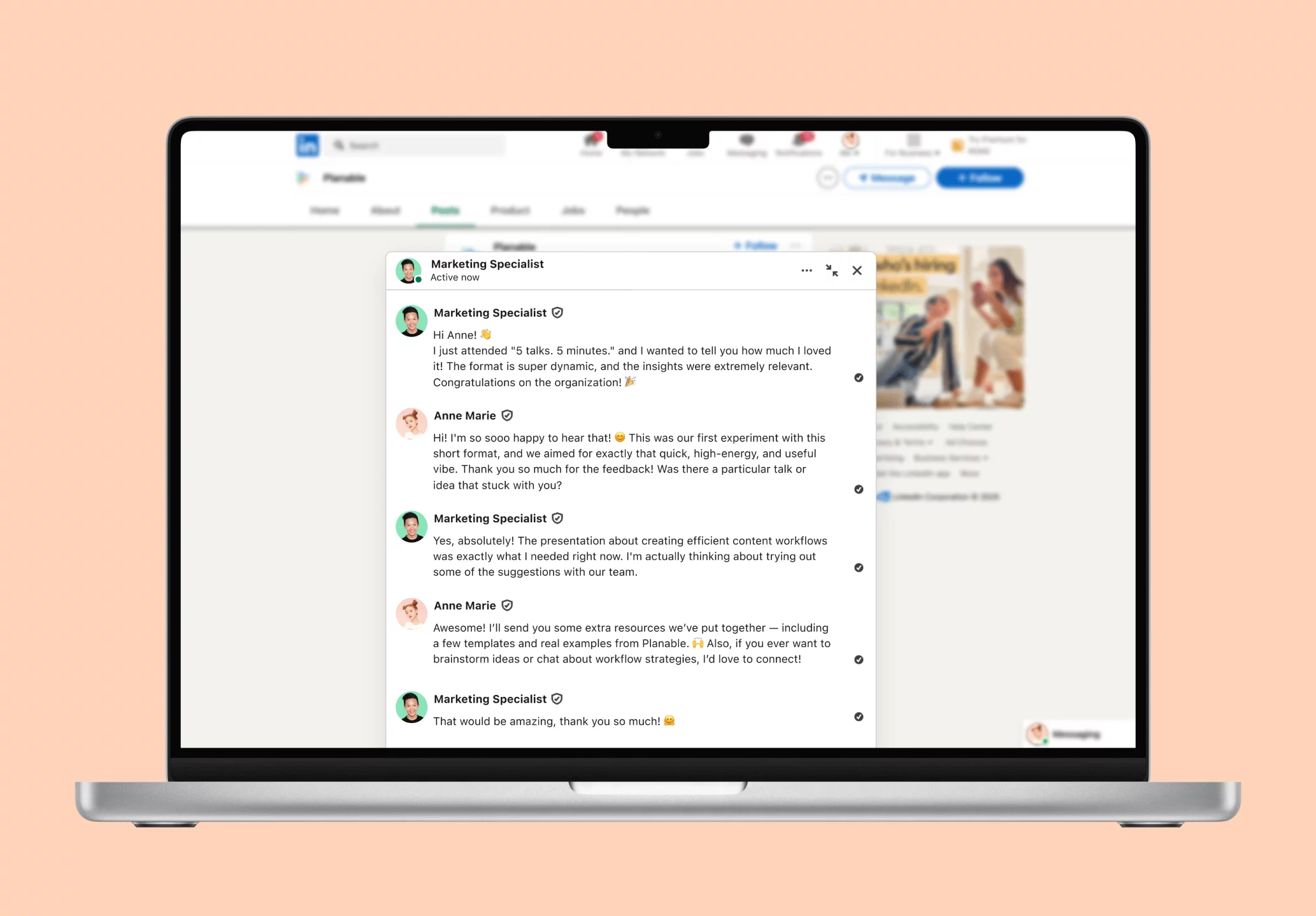 LinkedIn DM interface showing a message from a user inquiring about a community event.