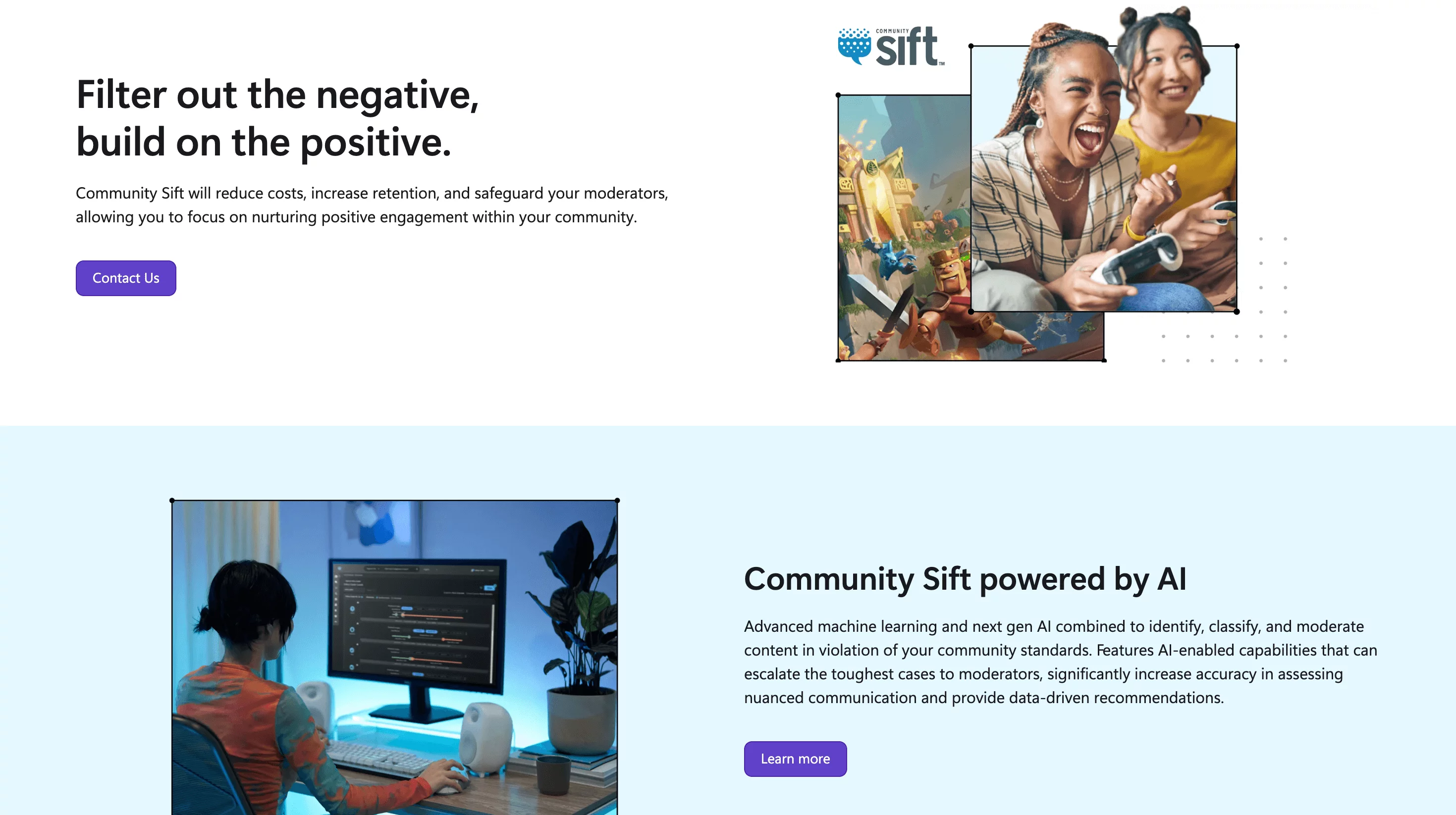 Community Sift promo showing gamers and a content moderator using AI tools to manage online safety and engagement.
