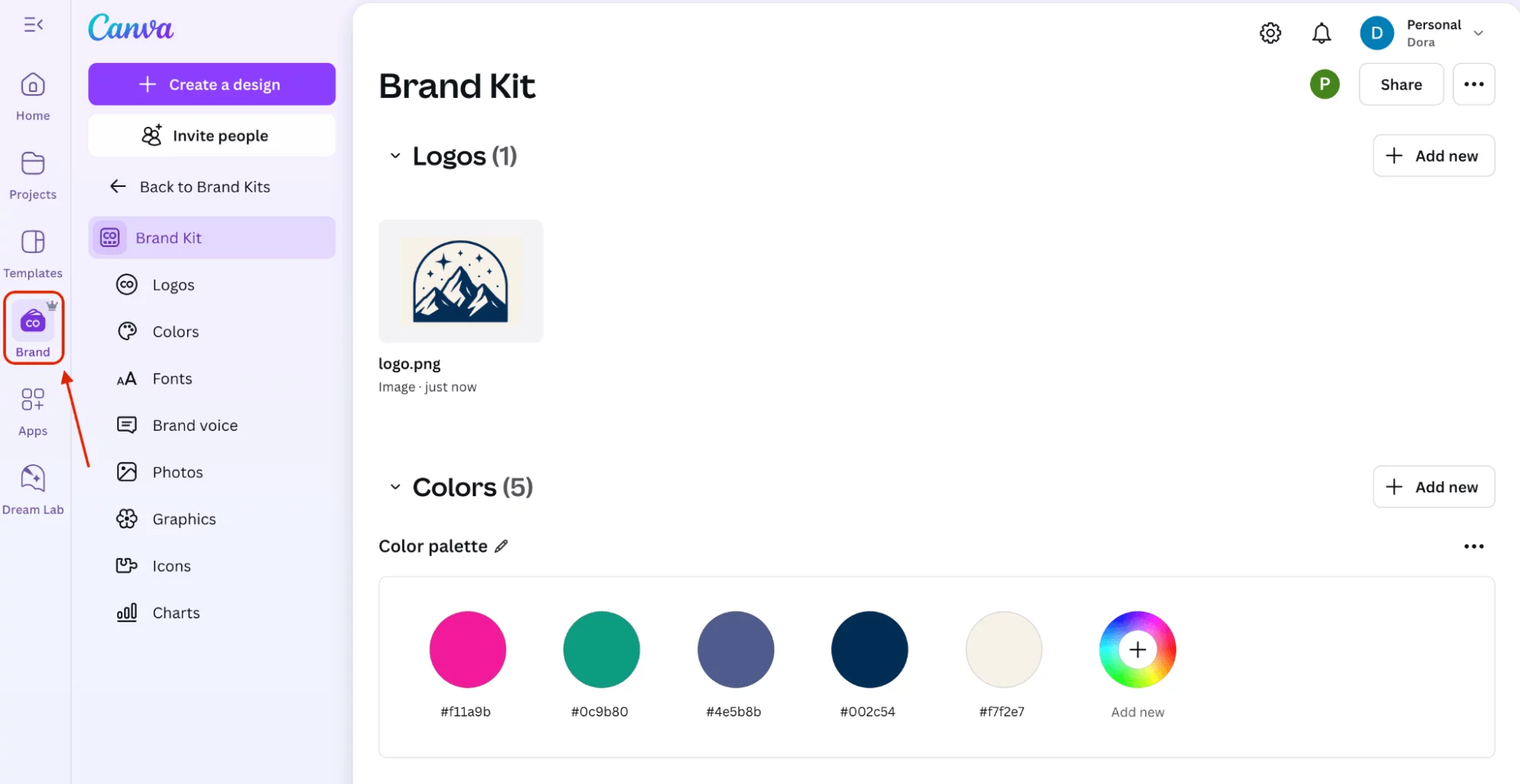Screenshot of Canva's Brand Kit panel showing logo uploads, color palette selection, and font customization options