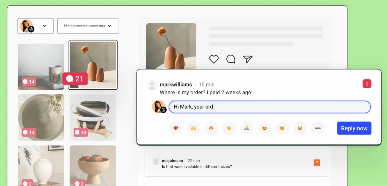 Social inboxing view showing Instagram comment and influencer’s reply with emojis and urgency flag.