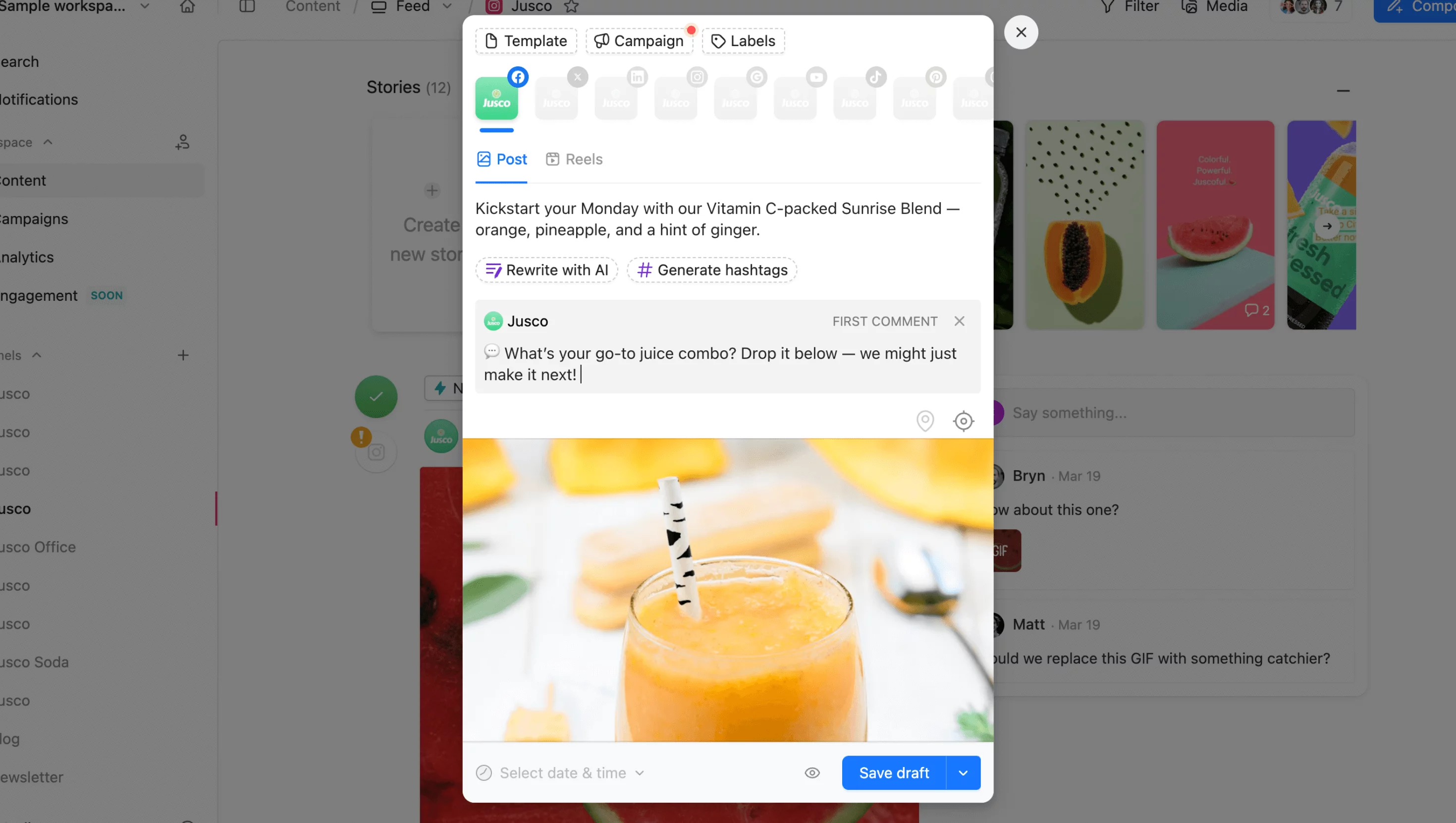 Clicking the comment icon in Planable to open the first comment field for Instagram.