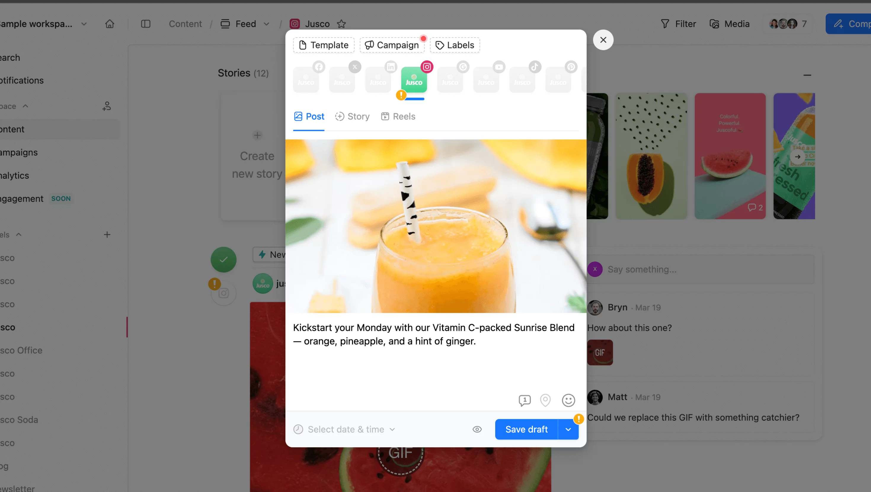 Creating an Instagram post in Planable with caption, image, and post type options.