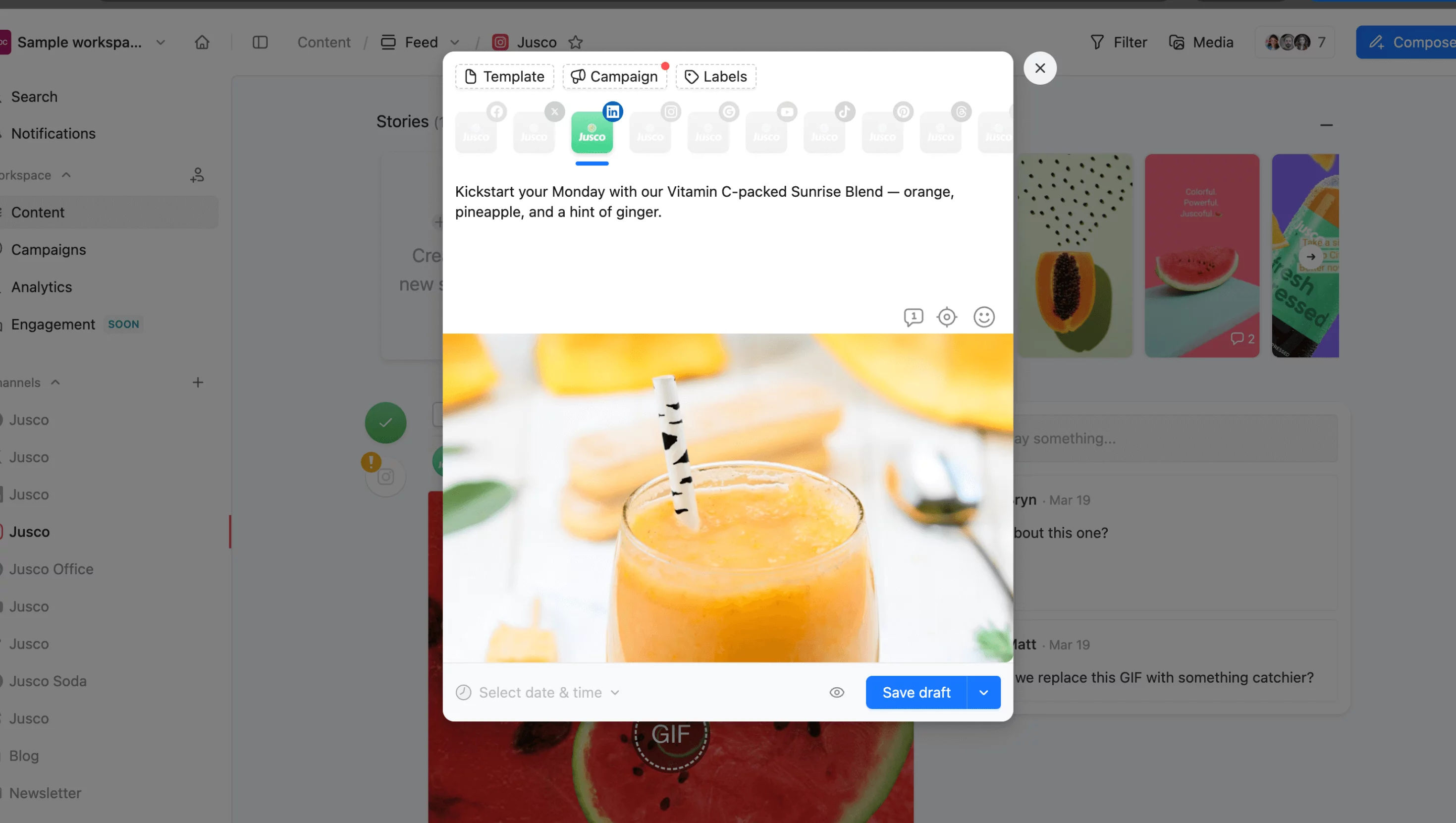 Creating a LinkedIn post in Planable with caption and post type selection shown.