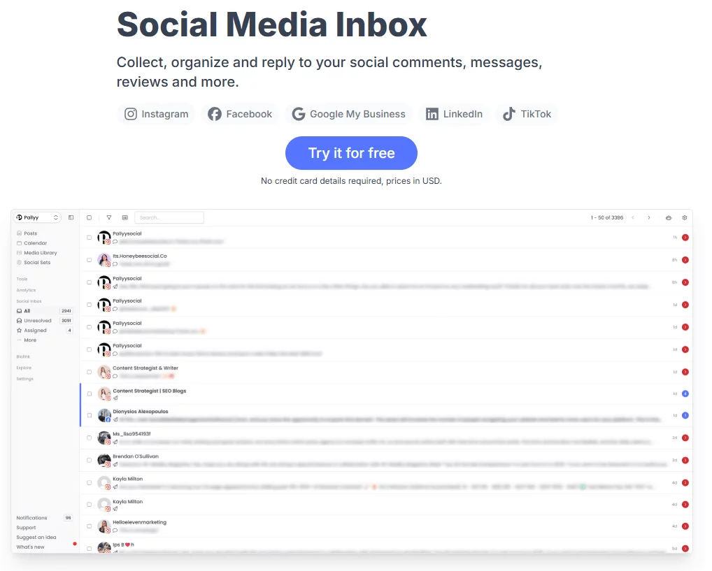 Social inbox dashboard showing messages, assigned comments, and tools for reply in Pallyy.