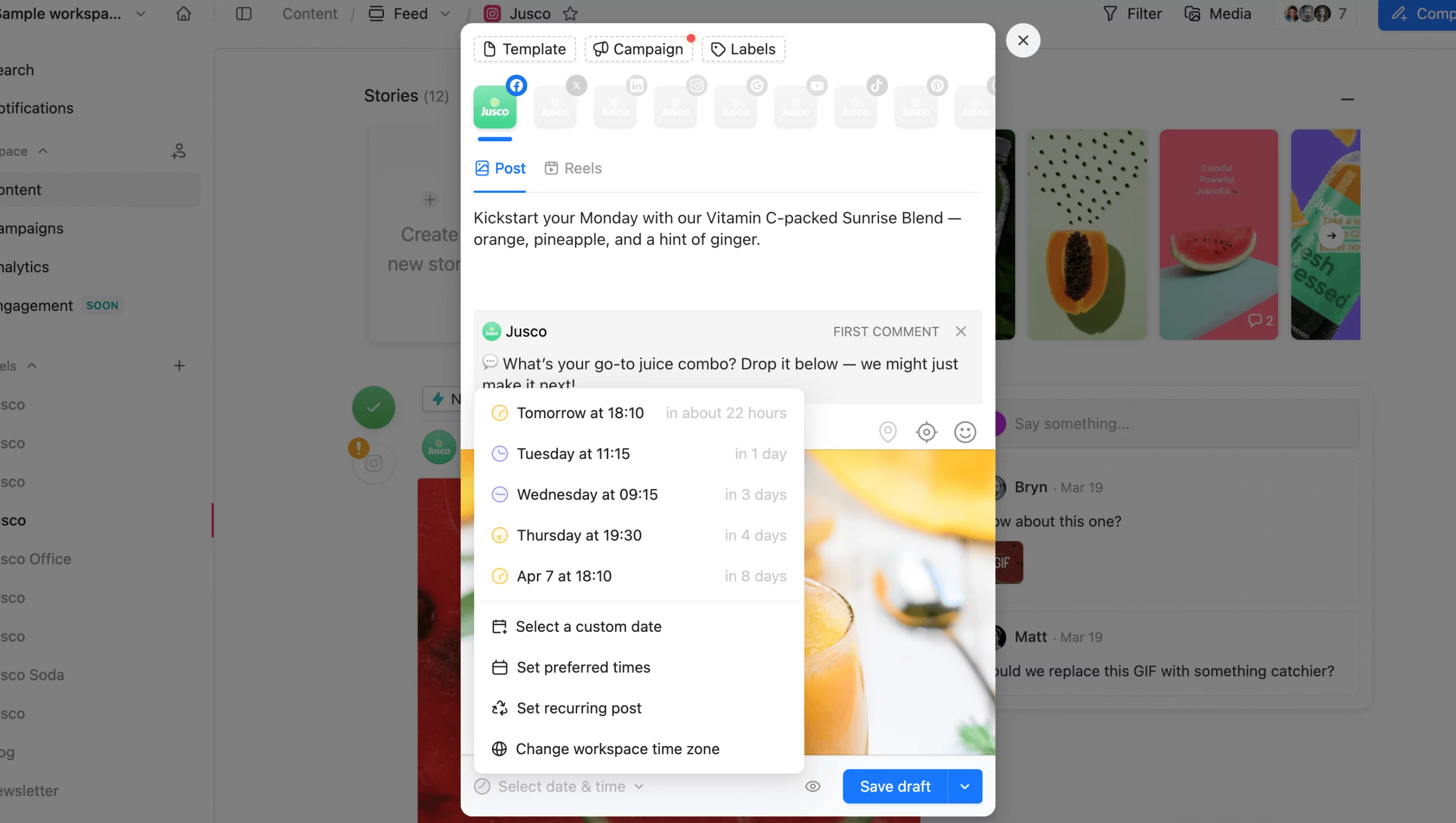 Scheduling a Facebook post in Planable with calendar and time selection menu open.