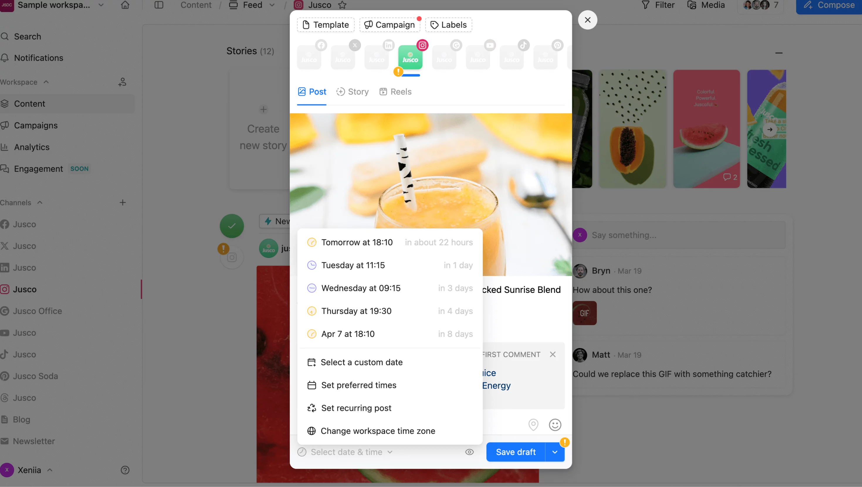 Scheduling an Instagram post in Planable with date and time selector displayed.