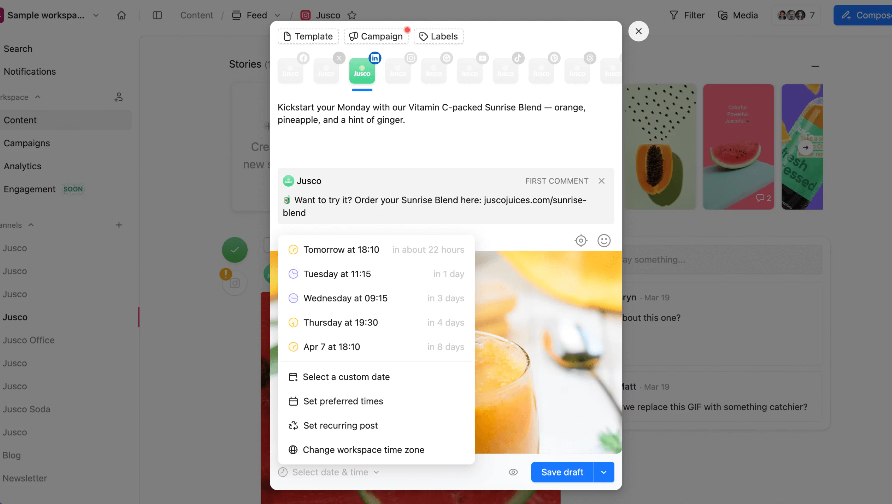 Scheduling a LinkedIn post and its first comment in Planable with full calendar menu visible.
