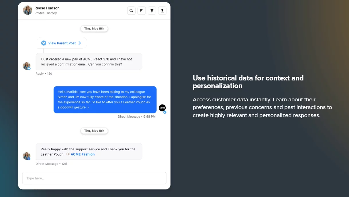 Social inbox message thread showing personalized customer reply based on historical interaction data.