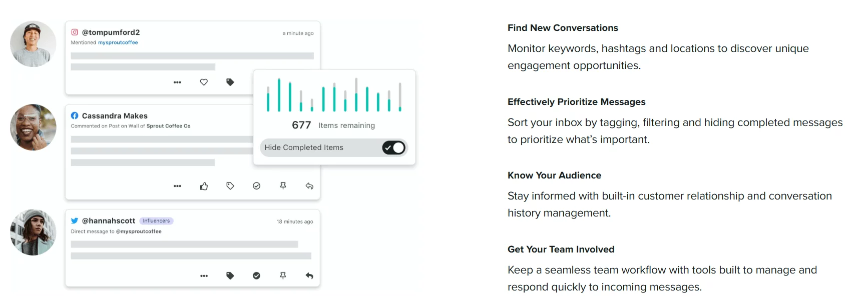 Social inbox showing influencer mentions, comments, and DMs with completion stats for prioritization.