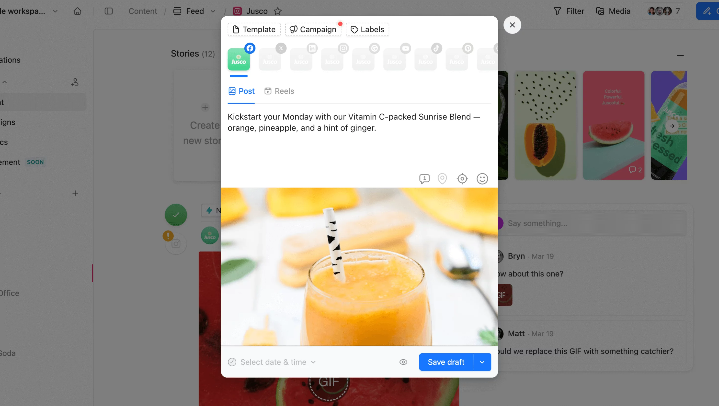 Starting a Facebook post draft in Planable with caption and image editor visible.
