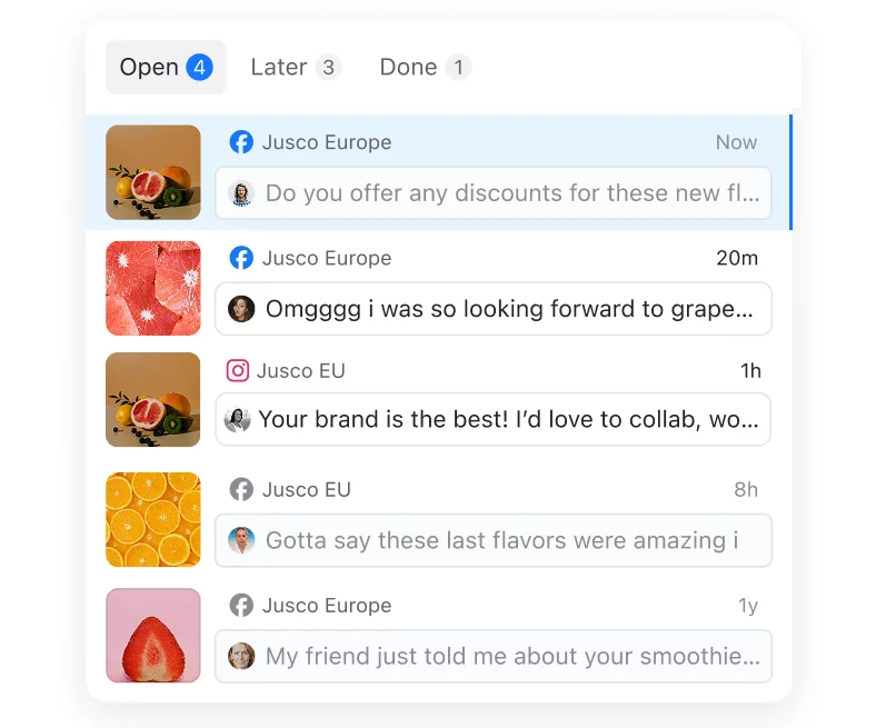 Social inbox panel in Planable displaying incoming brand mentions and post comments across time.